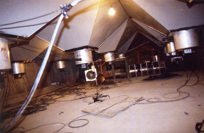 Interior del detector: una hilera de fotomultiplicadores cilíndricos colgados bajo la estructura del blindaje.