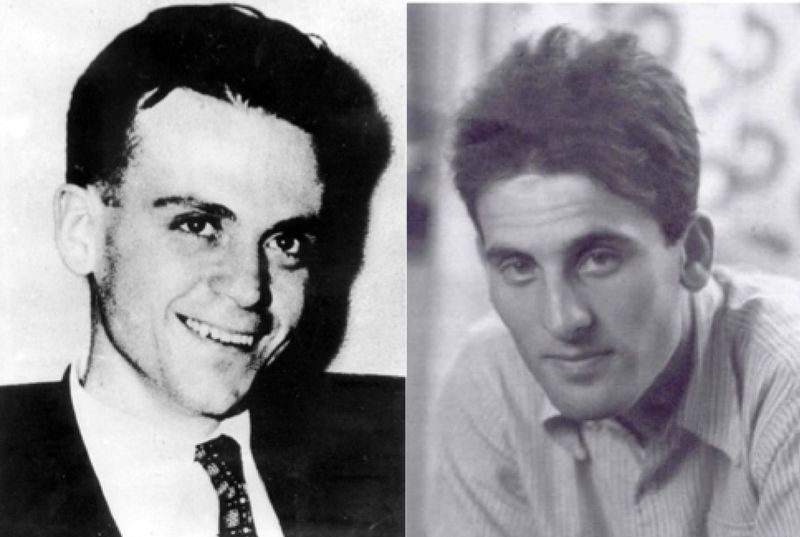 Dos retratos en blanco y negro: a la izquierda César Lattes, de traje y corbata; a la derecha Giuseppe Occhialini, con jersey claro.